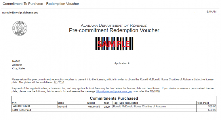 Sample Specialty Car Tag Voucher Email