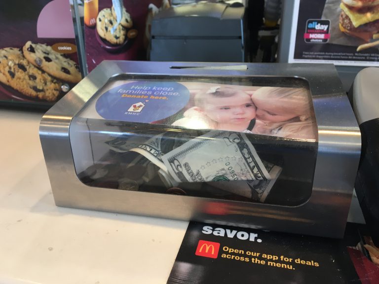 A photo of a donation box at a McDonald's restaurant