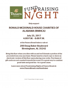 RMHCA will be at Panera on Doug Baker Blvd. July 25th. Show your cashier this flyer for a percentage to go back to RMHCA!