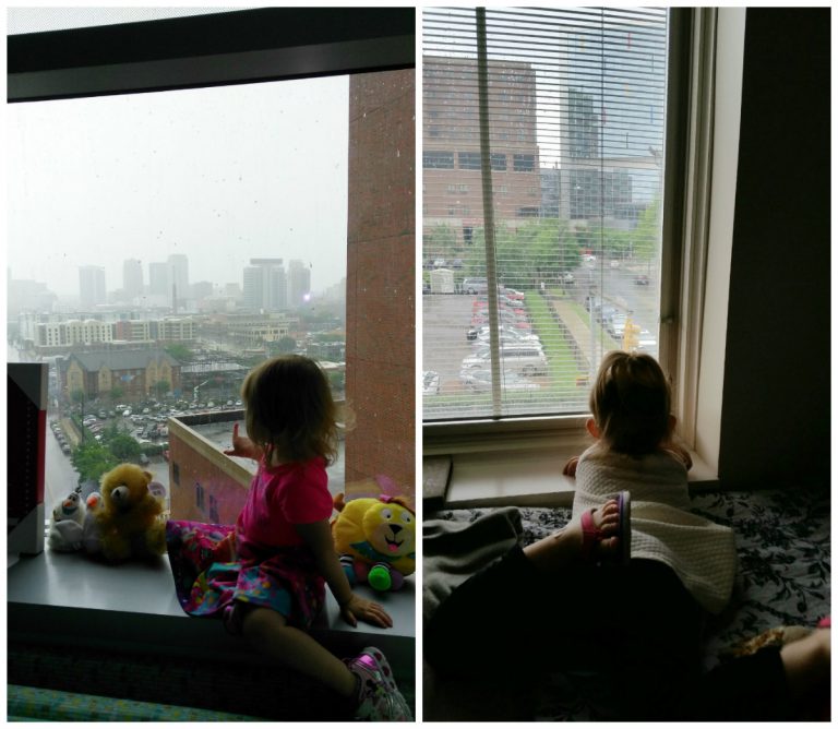 Lilly looking at RMHCA from the hospital and another picture of Lilly looking at the hospital from her RMHCA room.