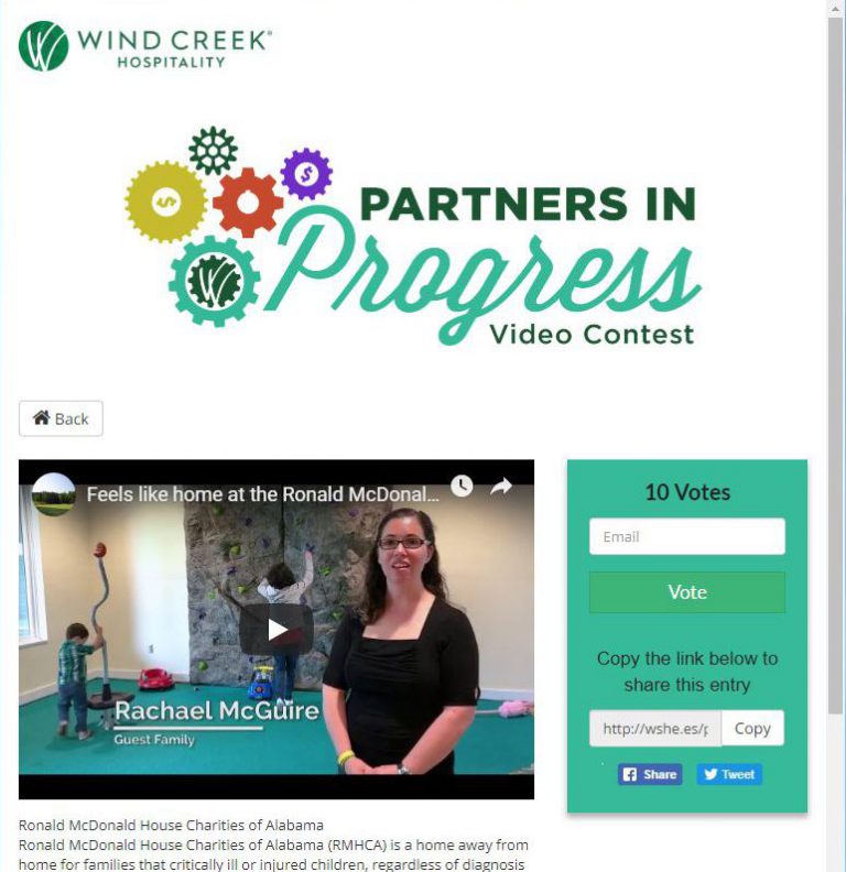 Screenshot showing video contest entry page where supporters vote for RMHCA