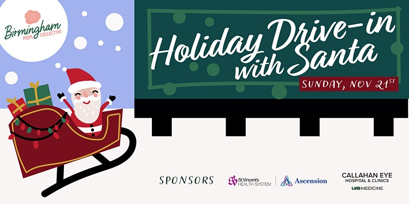 Graphic of Santa in a sleigh next to a billboard that reads Holiday Drive In with Santa