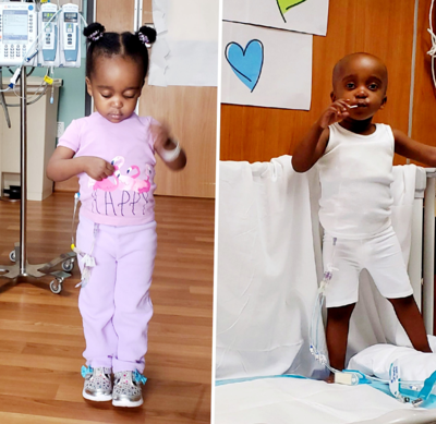 Lizzy W. in two photos. In one she's wearing pink jeans and t shirt. In another, she has lost her hair and stands on a hospital bed