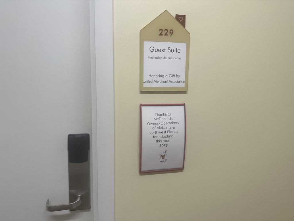A directional sign outside a guest room